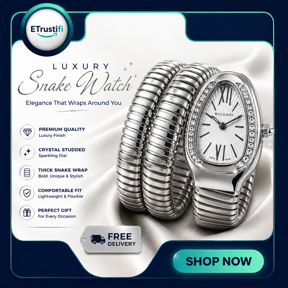 Premium Triple‑Wrap Snake Watch | Diamond‑Set Bezel